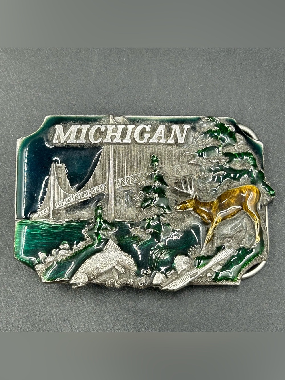 Vintage 1989 Siskiyou Michigan Belt Buckle Mackinac Bridge Deer Fish USA